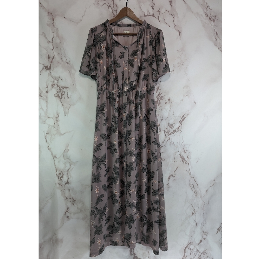Roolee Dress Womens Medium Purple Maxi Floral Blouson Button Front Leaf Long